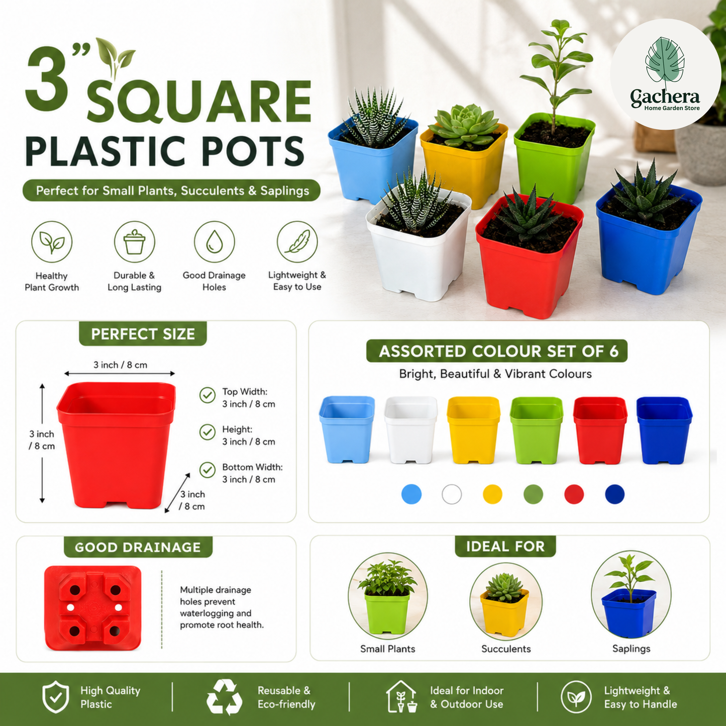 3 Inch (8cm x 8cm) Square Pots - Assorted Colours