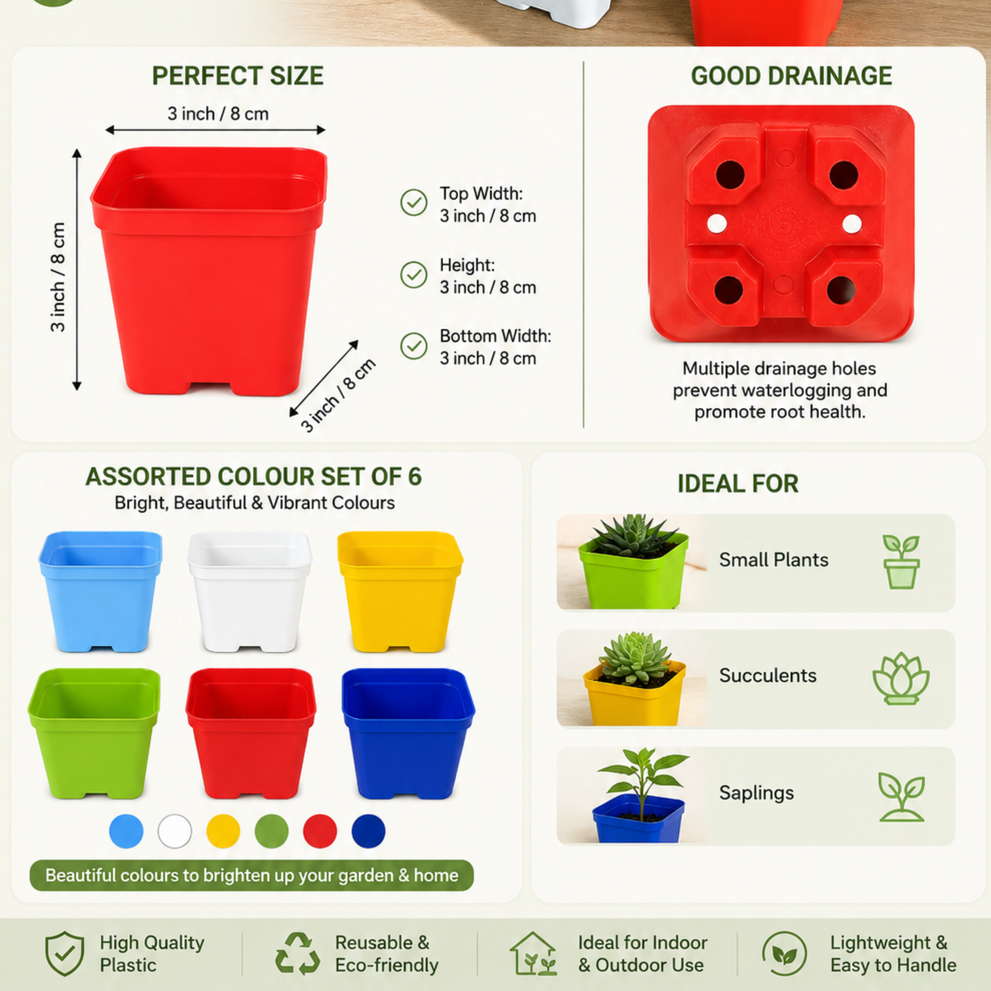 3 Inch (8cm x 8cm) Square Pots - Assorted Colours