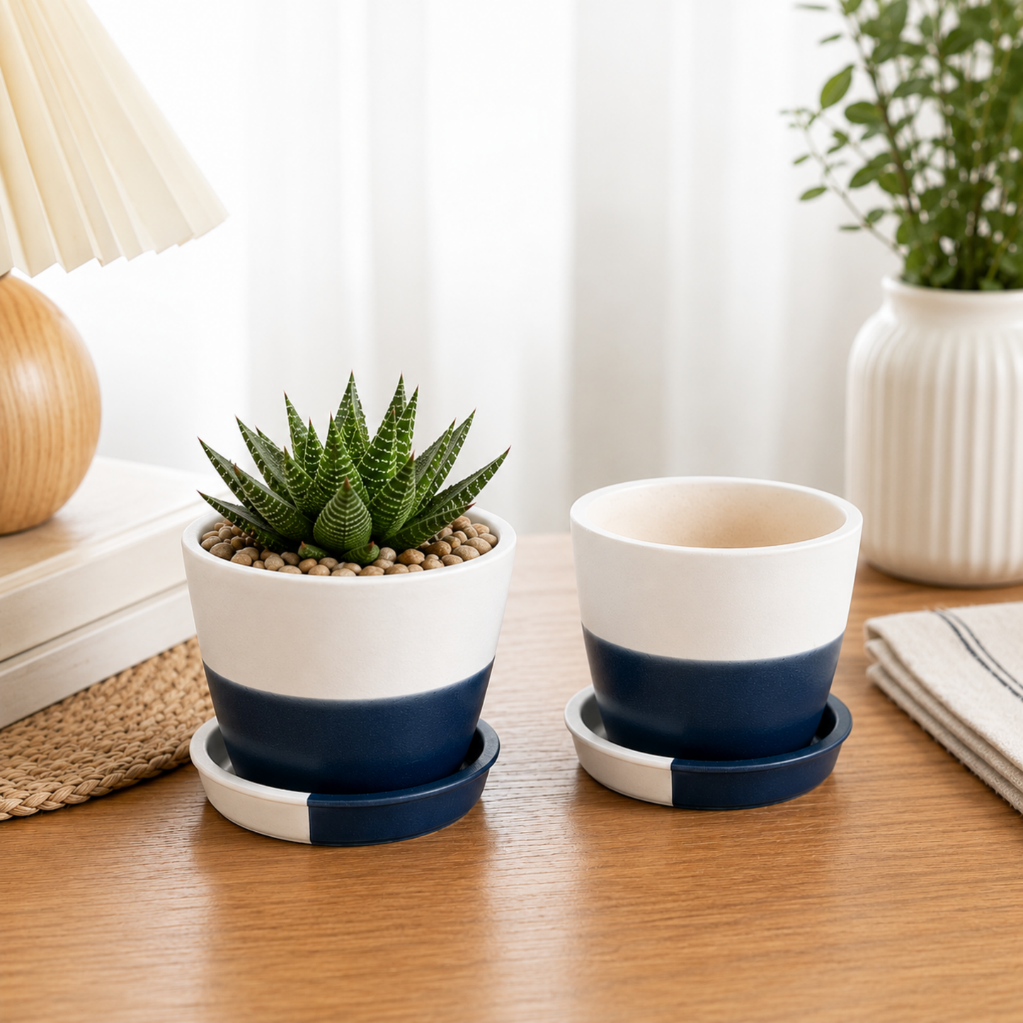 Mini Ceramic Planter Pot with Drainage Hole & Matching Saucer | White & Navy Blue Flower Pot for Succulents, Cactus & Indoor Plants