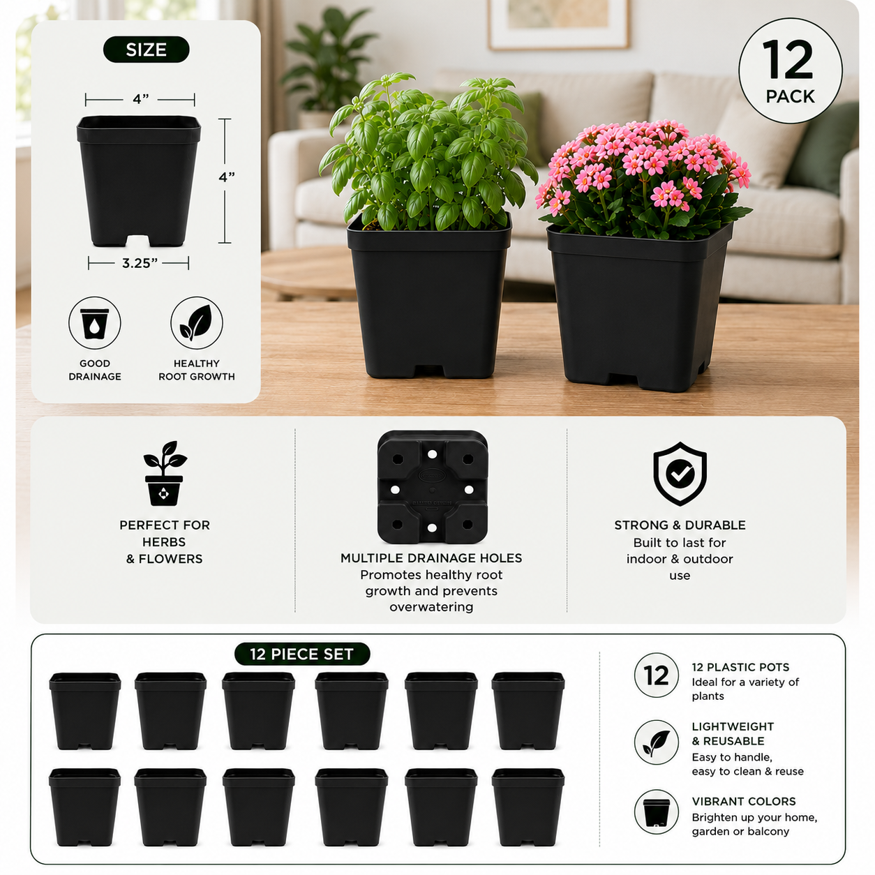 4 Inch (10cm x 10cm) Square Pots - Black (Matte finish)