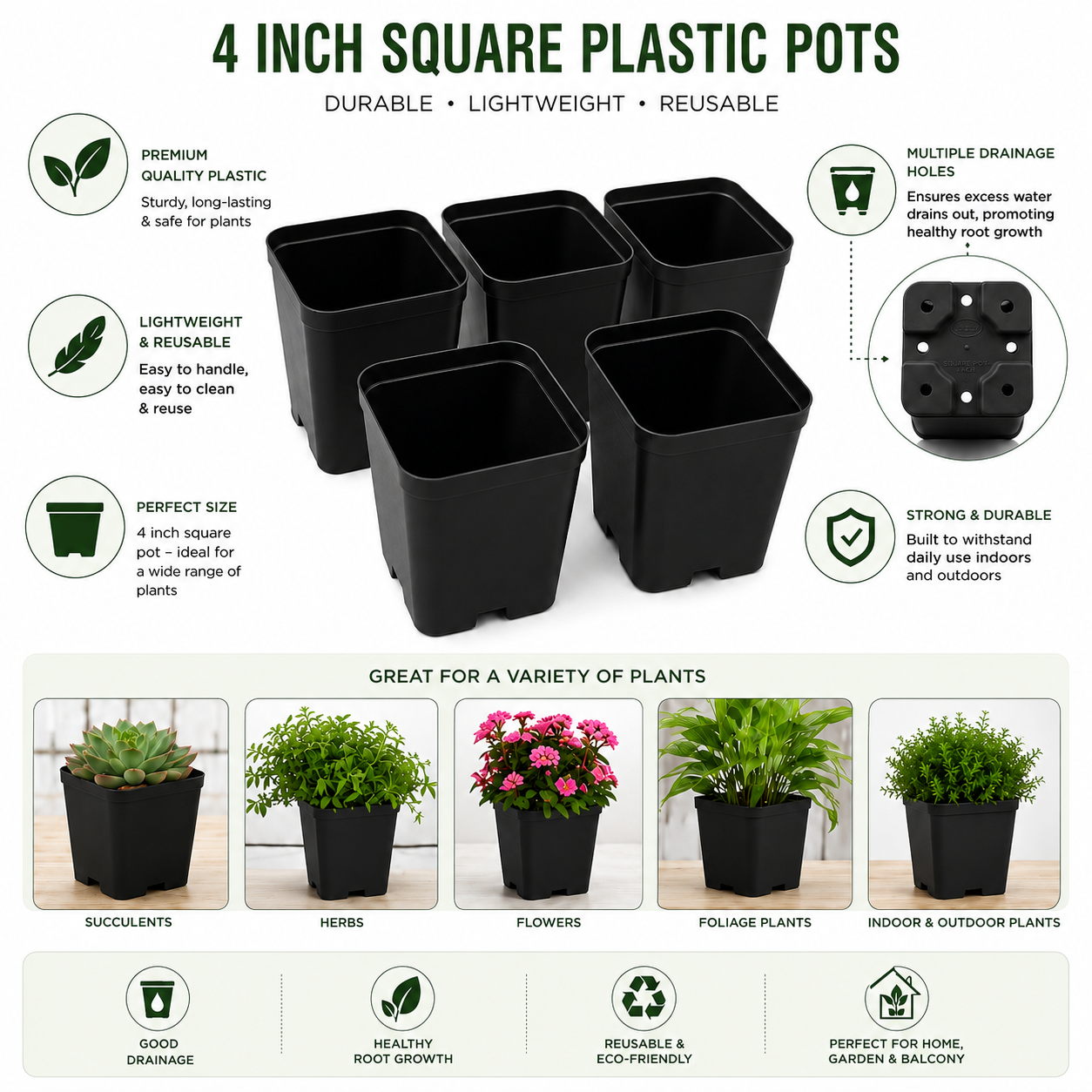 4 Inch (10cm x 10cm) Square Pots - Black (Matte finish)