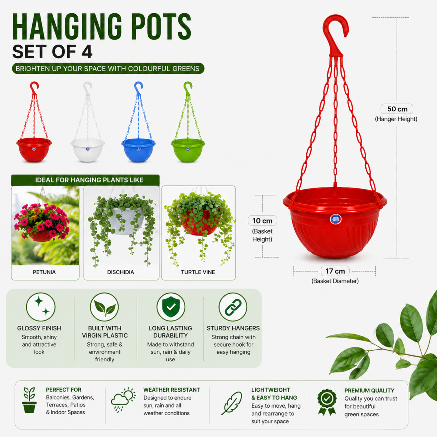 7 Inch (18 cm) Hanging Planter Pot with Durable Hanger | Glossy Finish Designer Hanging Basket for Balcony, Terrace & Indoor Plants