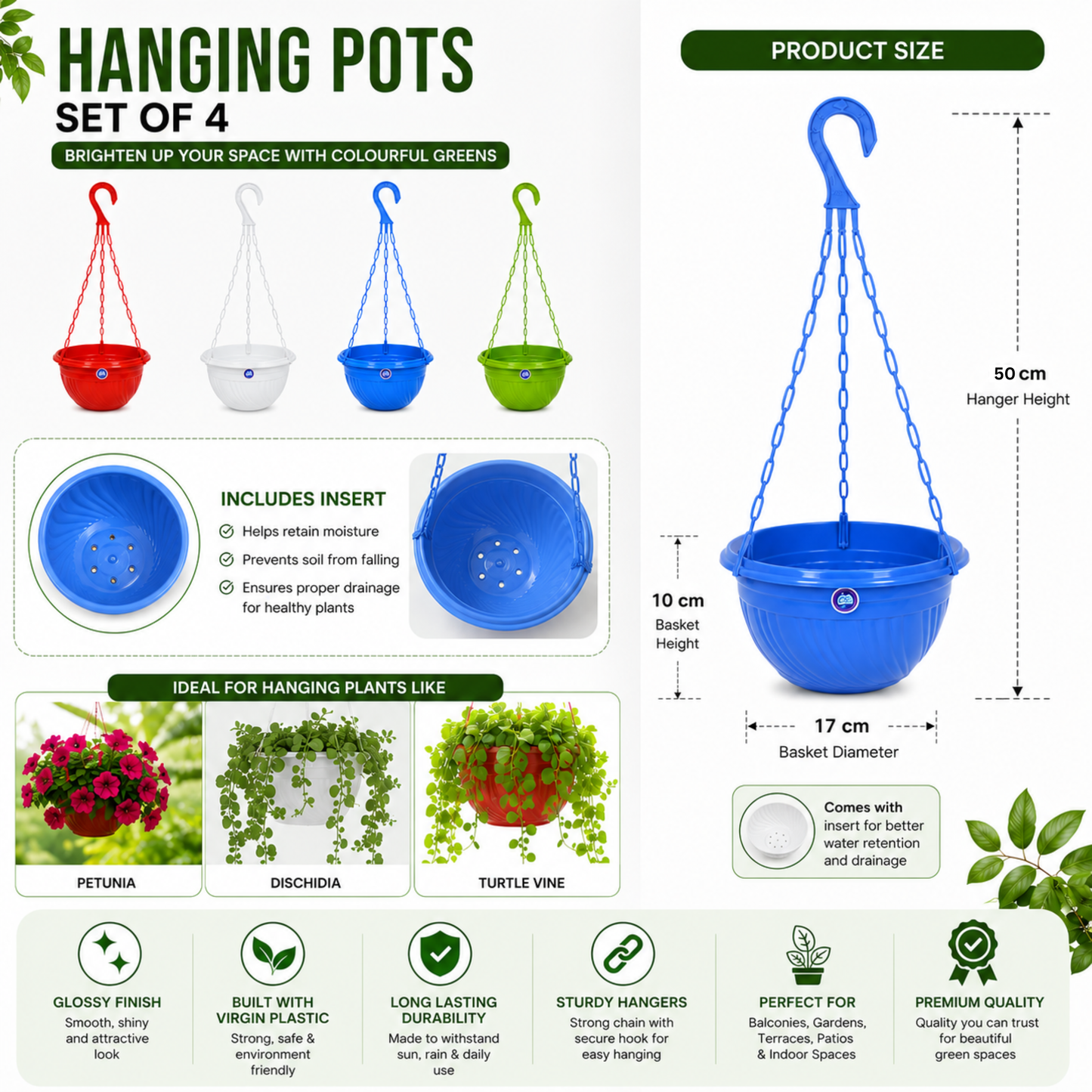 7 Inch (18 cm) Hanging Planter Pot with Durable Hanger | Glossy Finish Designer Hanging Basket for Balcony, Terrace & Indoor Plants