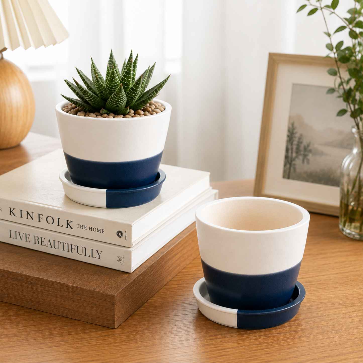 Mini Ceramic Planter Pot with Drainage Hole & Matching Saucer | White & Navy Blue Flower Pot for Succulents, Cactus & Indoor Plants