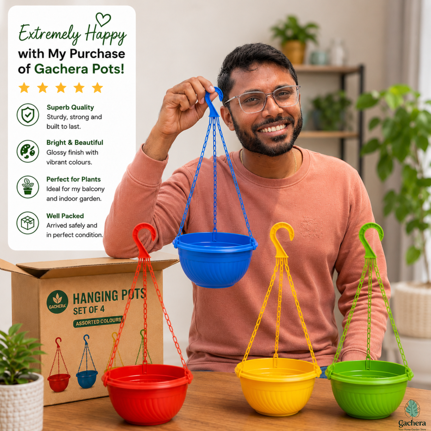 7 Inch (18 cm) Hanging Planter Pot with Durable Hanger | Glossy Finish Designer Hanging Basket for Balcony, Terrace & Indoor Plants