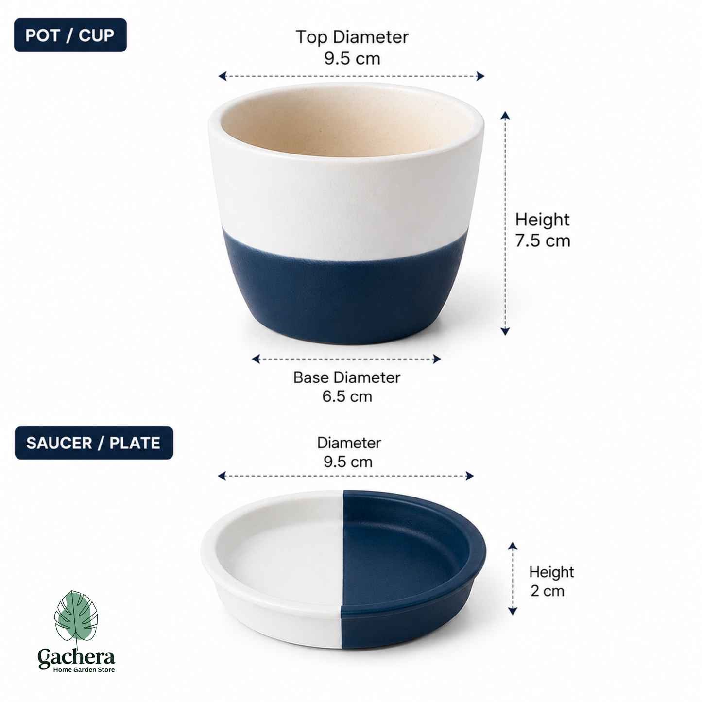 Mini Ceramic Planter Pot with Drainage Hole & Matching Saucer | White & Navy Blue Flower Pot for Succulents, Cactus & Indoor Plants