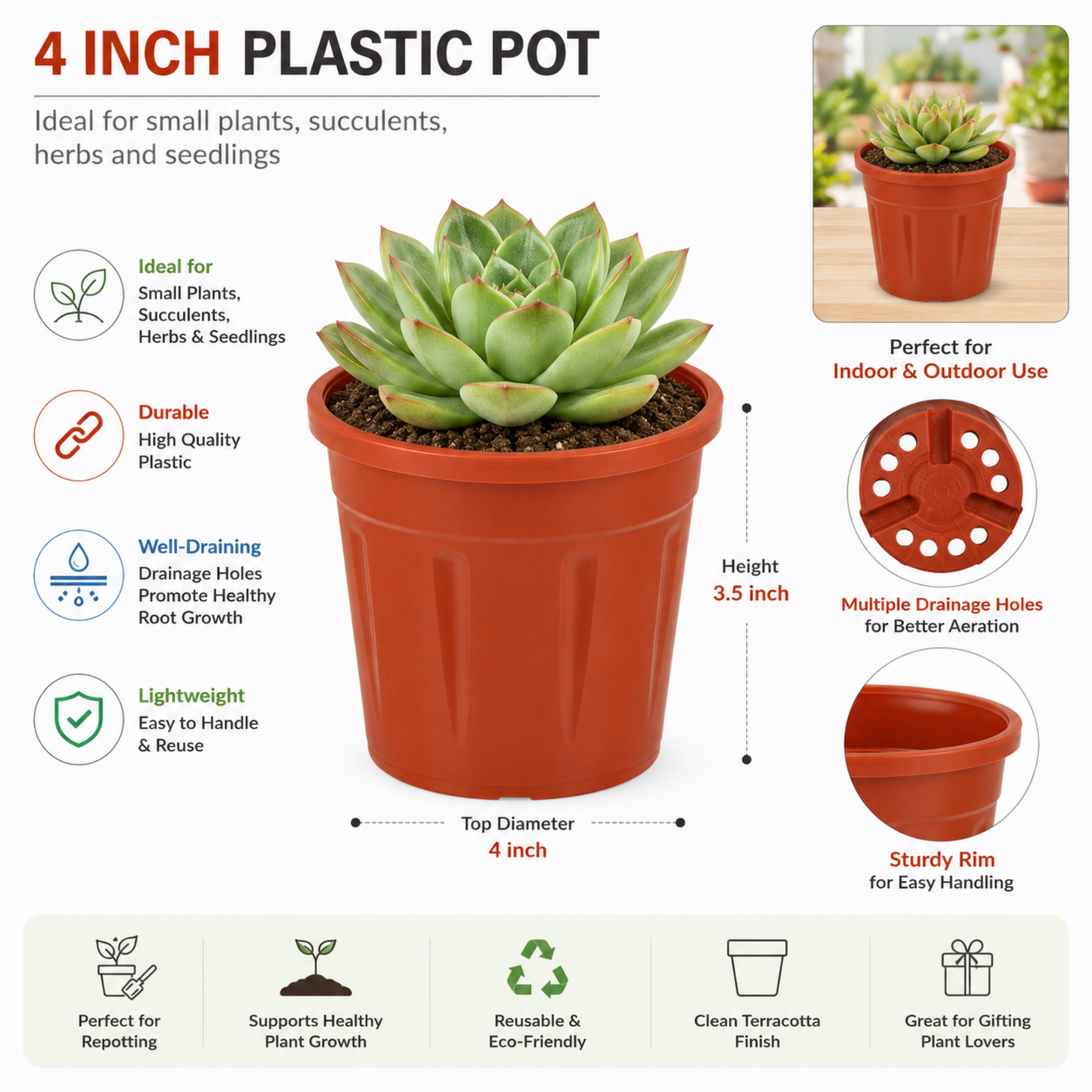 4 Inch (10 cm) Terracotta Plastic Planter Pots with Drainage Holes for Succulents, Herbs & Saplings | Set of 12