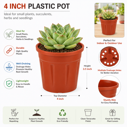 4 Inch (10 cm) Terracotta Plastic Planter Pots with Drainage Holes for Succulents, Herbs & Saplings | Set of 12