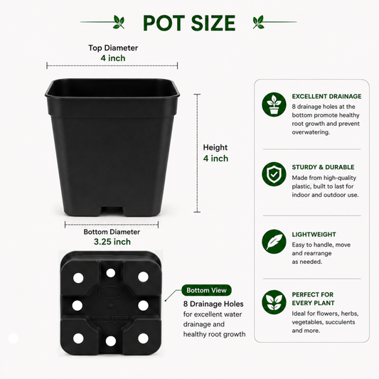 4 Inch (10cm x 10cm) Square Pots - Black (Matte finish)