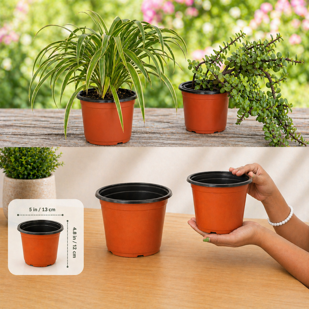 Gachera 5 Inch Low Height Thermoform Flower Pot (5" Dia x 4" H) | Lightweight Plastic Planter