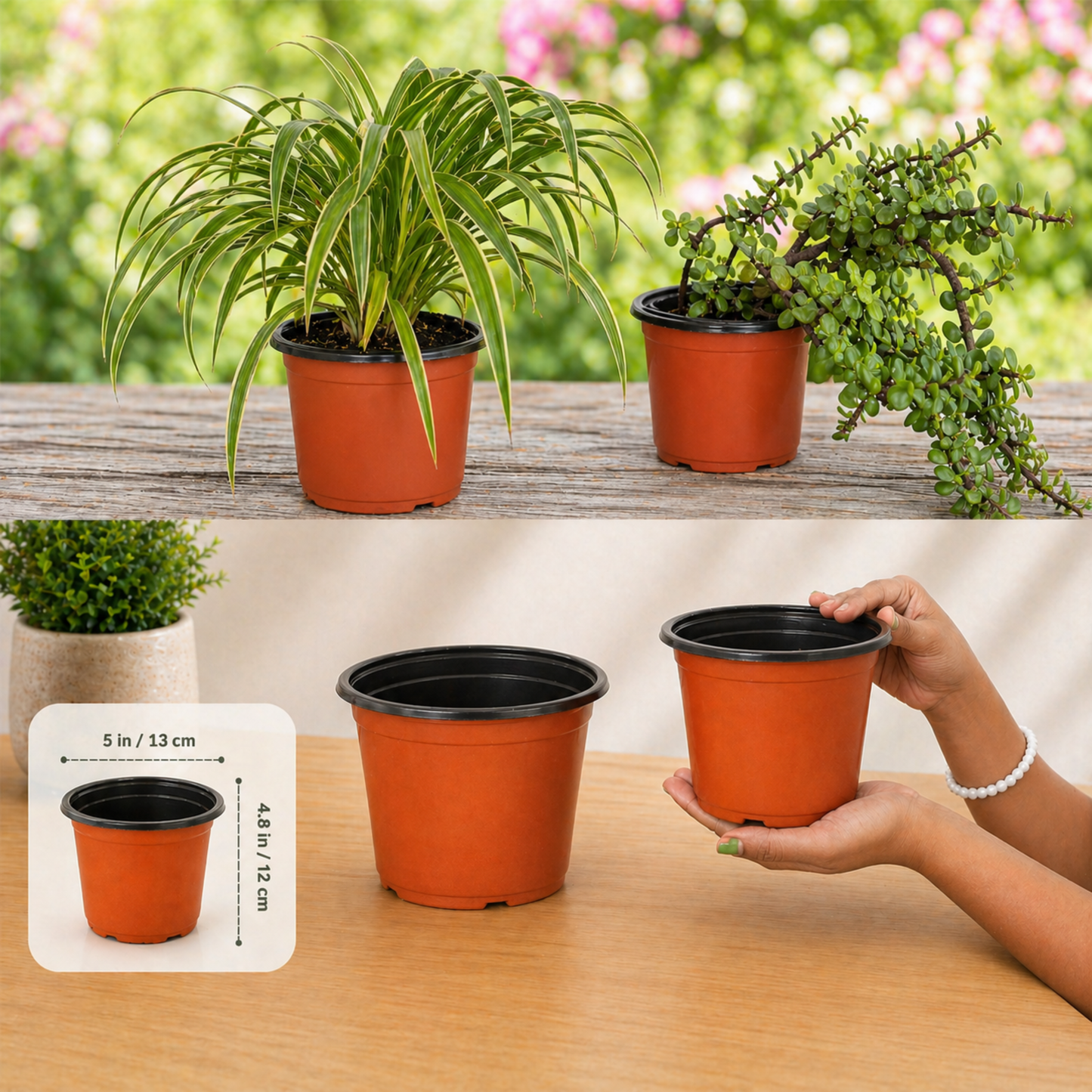 Gachera 5 Inch Low Height Thermoform Flower Pot (5" Dia x 4" H) | Lightweight Plastic Planter
