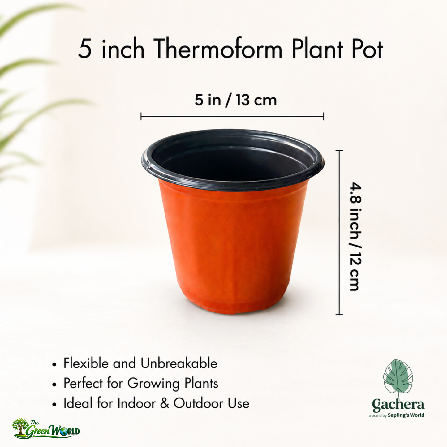 Gachera 5 Inch Thermoform Pot (5" Dia x 4.8" H) | Standard Size 5 inch Pot for Home Garden, Nursery, Succulents & Flowering Plants