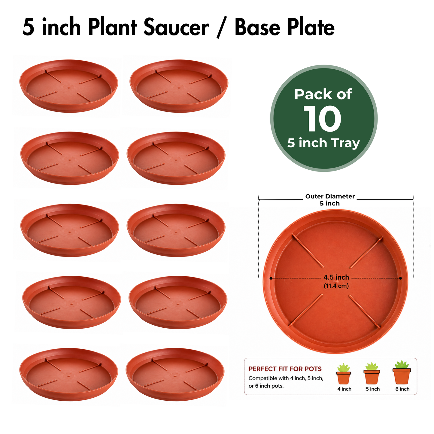 Gachera 5 Inch Plant Tray & Saucer | Strong Plastic Pot Base Plate | Water Drip Tray for Indoor & Outdoor Plants | Terracotta