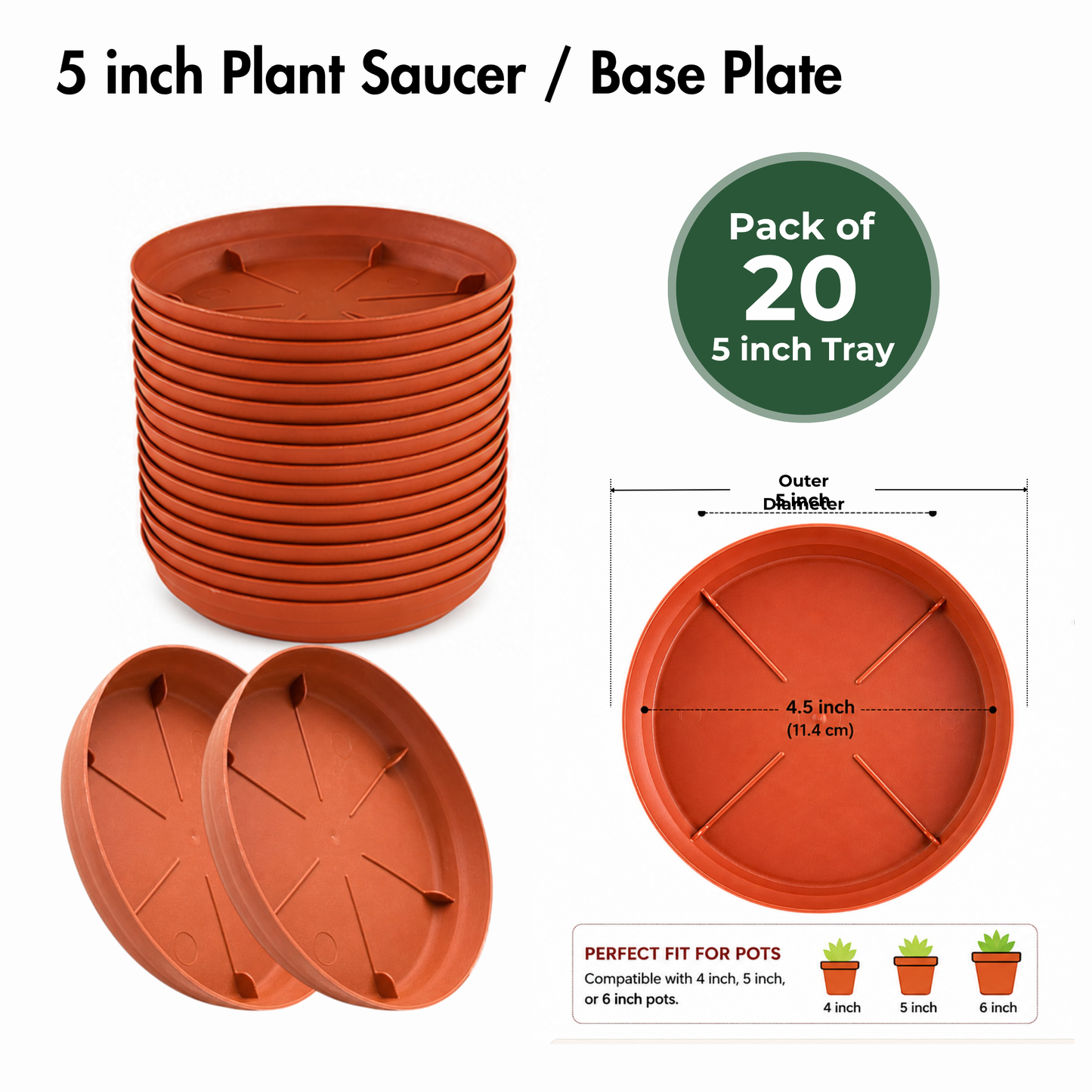 Gachera 5 Inch Plant Tray & Saucer | Strong Plastic Pot Base Plate | Water Drip Tray for Indoor & Outdoor Plants | Terracotta