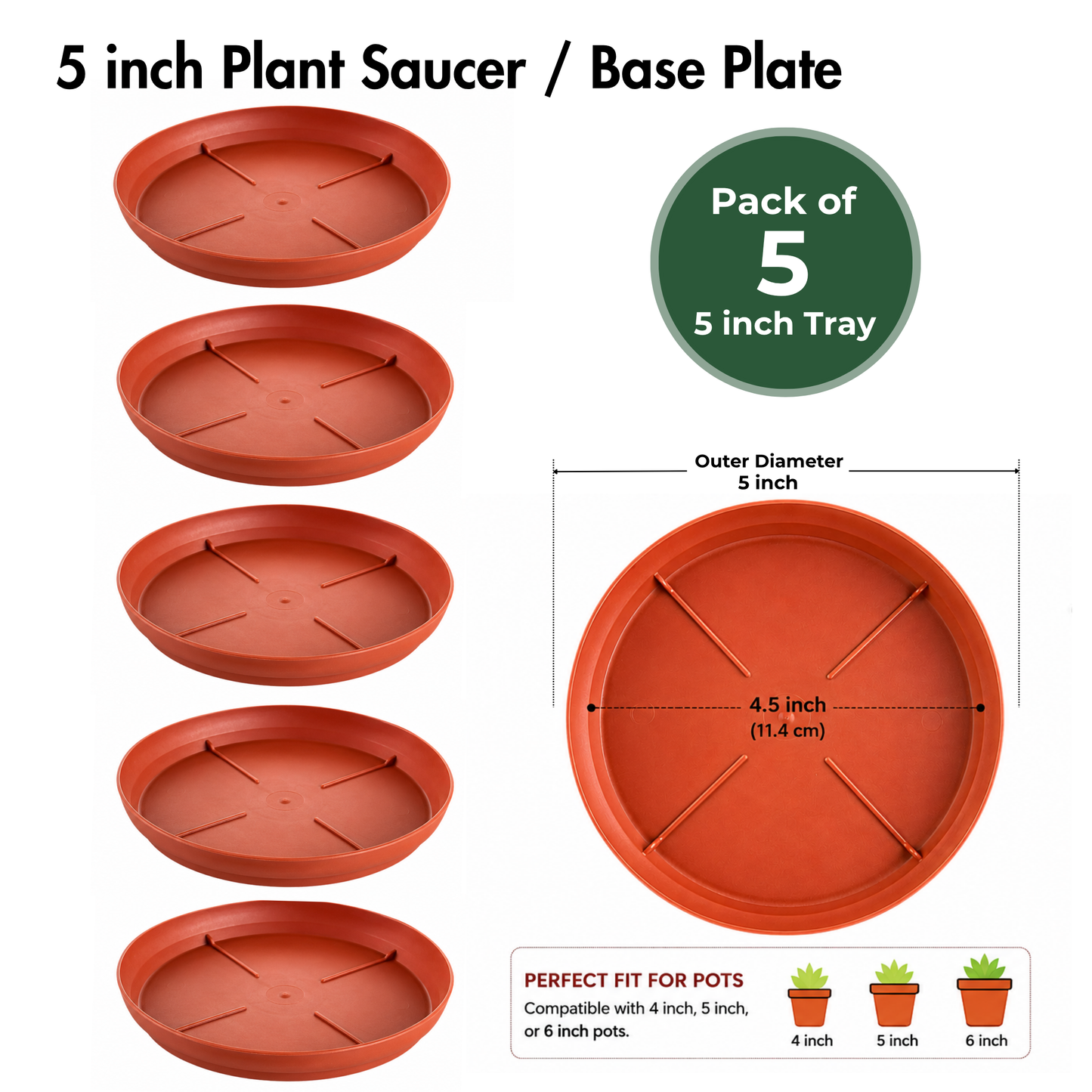 Gachera 5 Inch Plant Tray & Saucer | Strong Plastic Pot Base Plate | Water Drip Tray for Indoor & Outdoor Plants | Terracotta