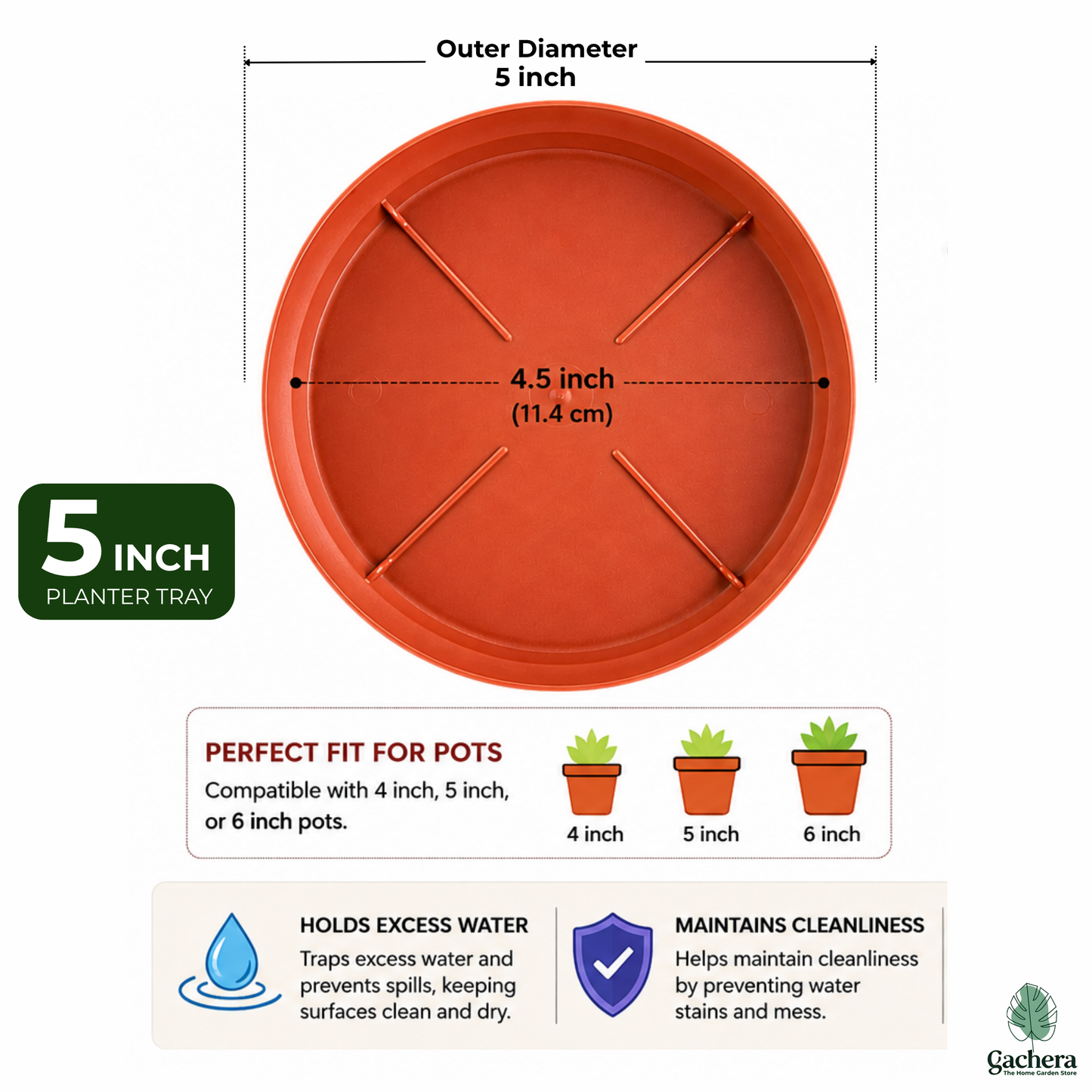Gachera 5 Inch Plant Tray & Saucer | Strong Plastic Pot Base Plate | Water Drip Tray for Indoor & Outdoor Plants | Terracotta