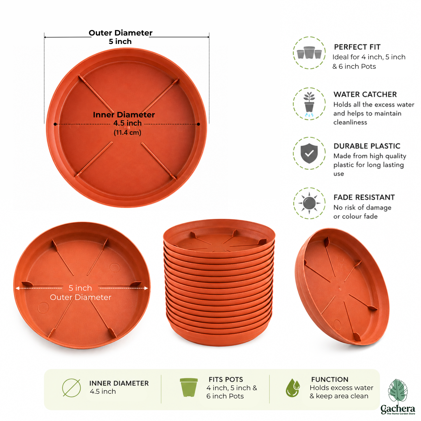 Gachera 5 Inch Plant Tray & Saucer | Strong Plastic Pot Base Plate | Water Drip Tray for Indoor & Outdoor Plants | Terracotta