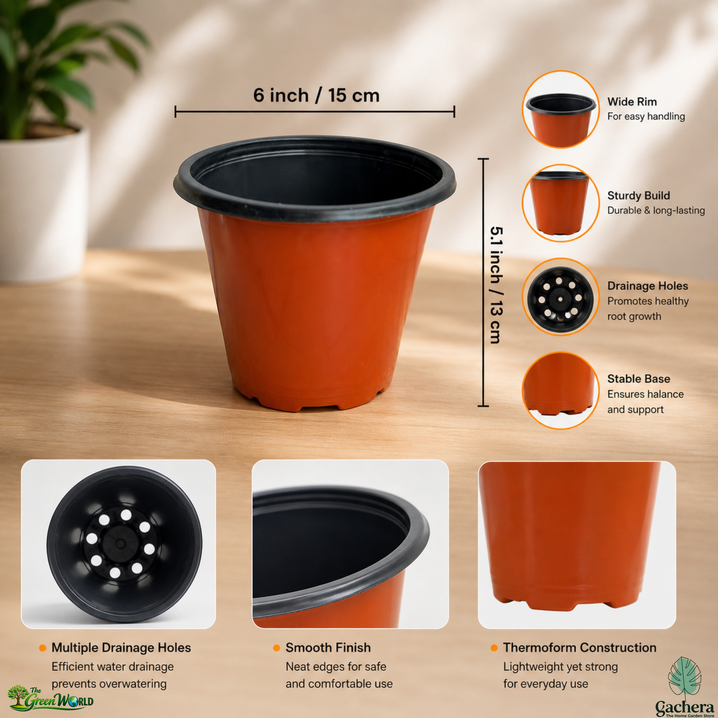 Gachera 6 Inch Thermoform Flower Pot (6" Dia x 5.2" H) | Lightweight Plastic Plant Pot for Home Garden, Nursery, Succulents & Flowering Plants