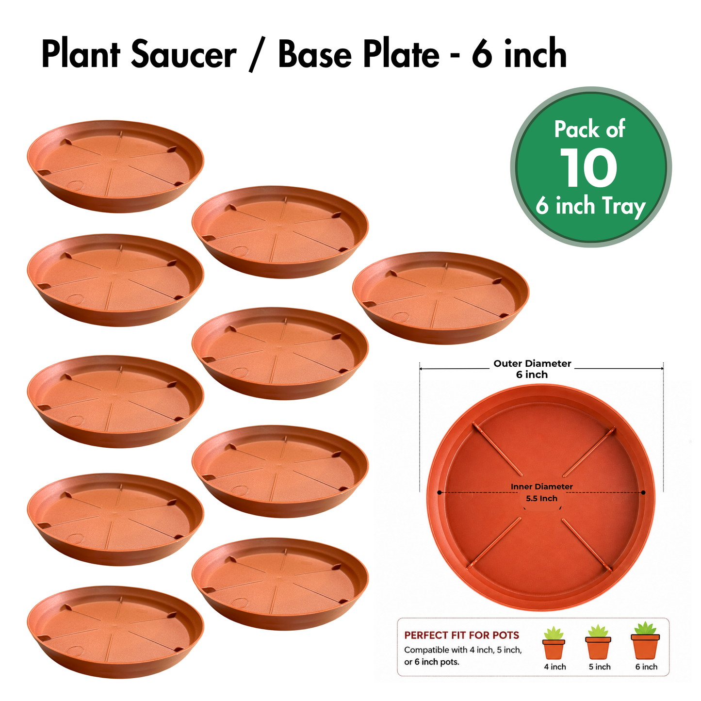 Gachera 6 Inch Plant Tray & Saucer | Strong Plastic Pot Base Plate | Water Drip Tray for Indoor & Outdoor Plants | Terracotta