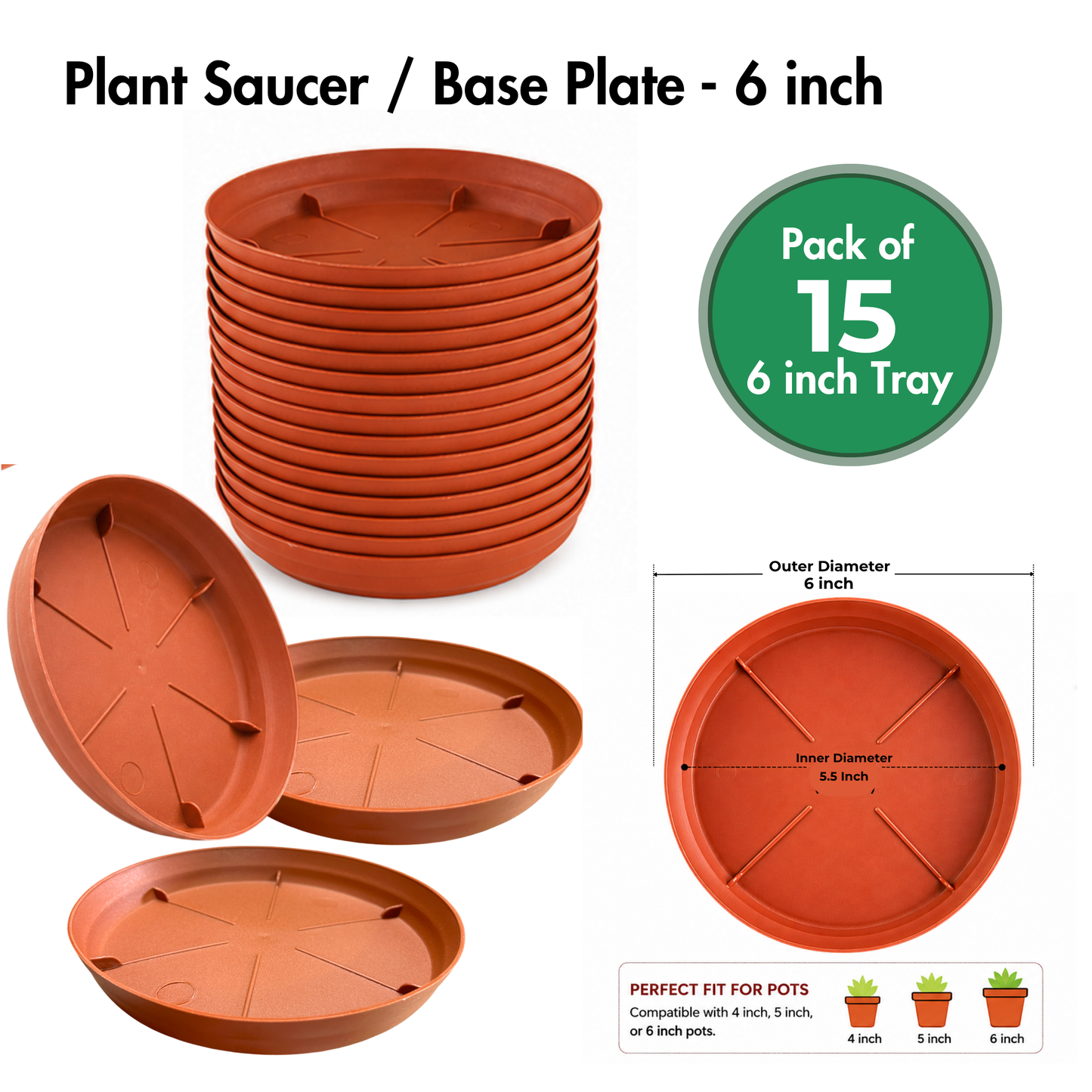 Gachera 6 Inch Plant Tray & Saucer | Strong Plastic Pot Base Plate | Water Drip Tray for Indoor & Outdoor Plants | Terracotta