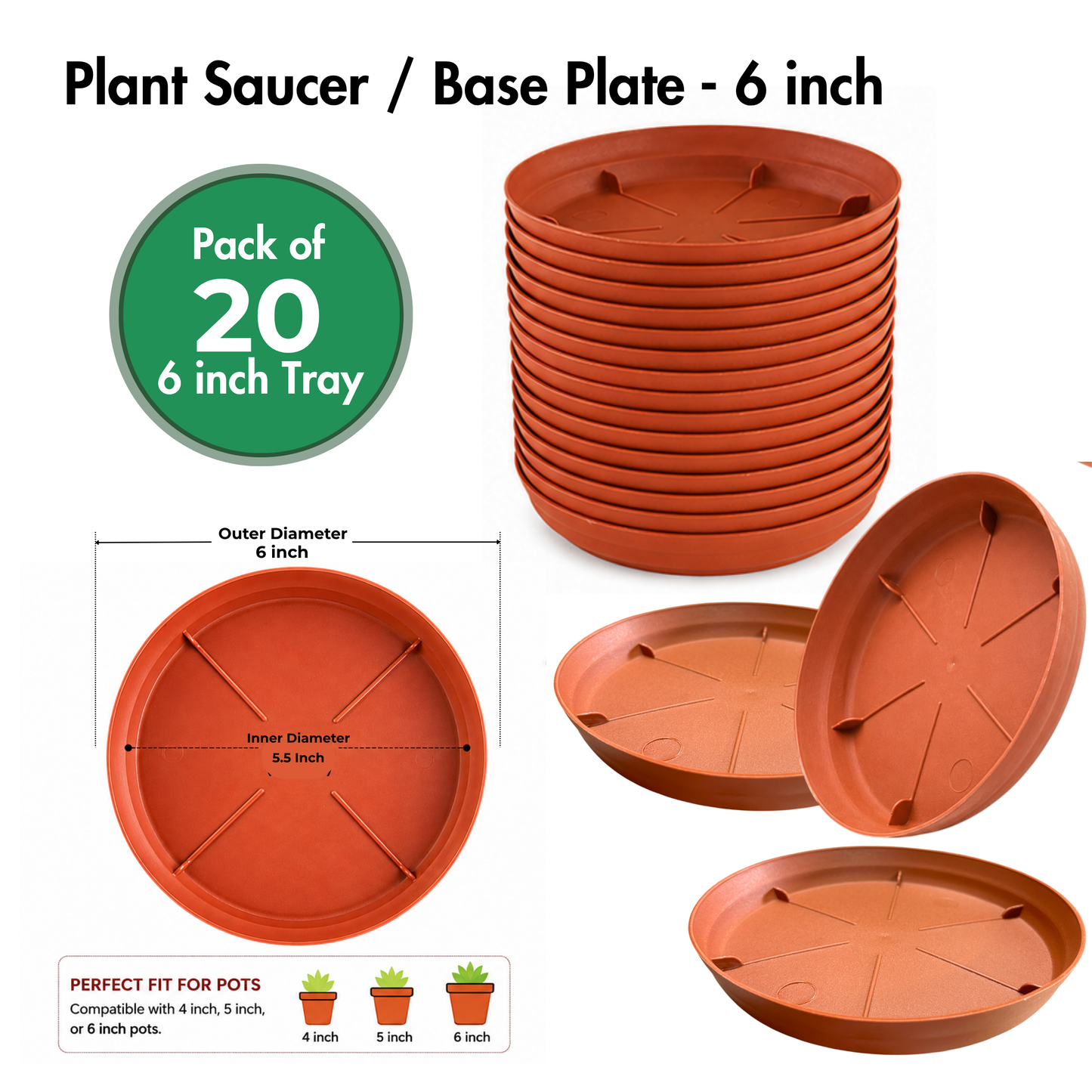 Gachera 6 Inch Plant Tray & Saucer | Strong Plastic Pot Base Plate | Water Drip Tray for Indoor & Outdoor Plants | Terracotta