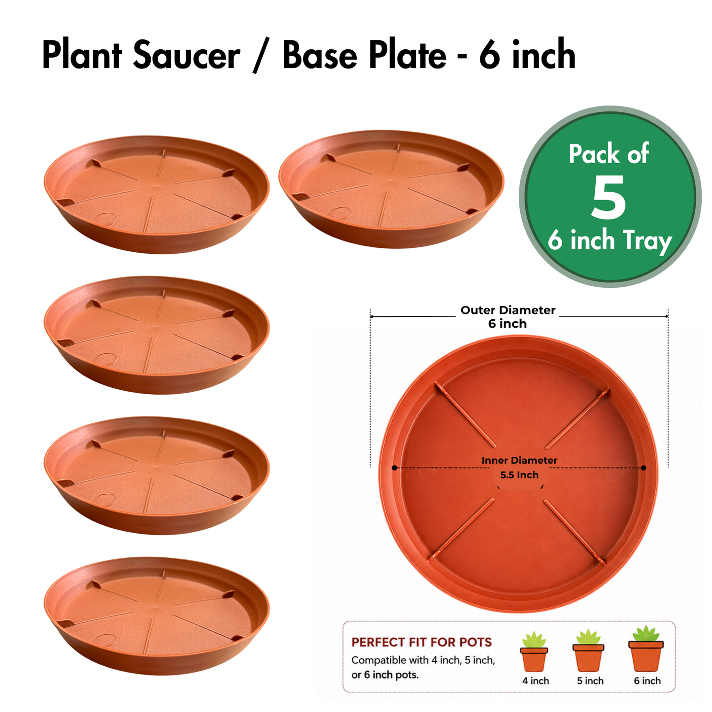 Gachera 6 Inch Plant Tray & Saucer | Strong Plastic Pot Base Plate | Water Drip Tray for Indoor & Outdoor Plants | Terracotta
