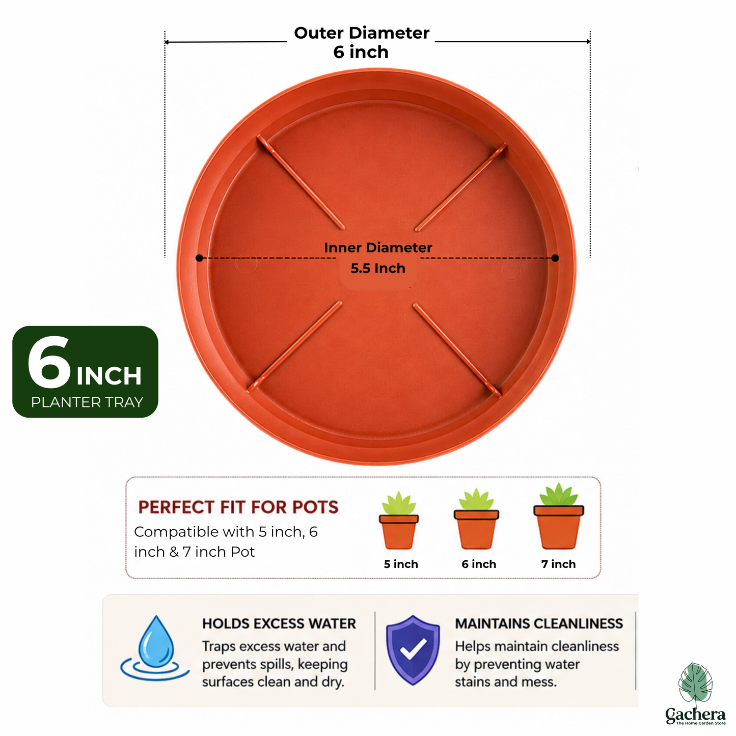 Gachera 6 Inch Plant Tray & Saucer | Strong Plastic Pot Base Plate | Water Drip Tray for Indoor & Outdoor Plants | Terracotta