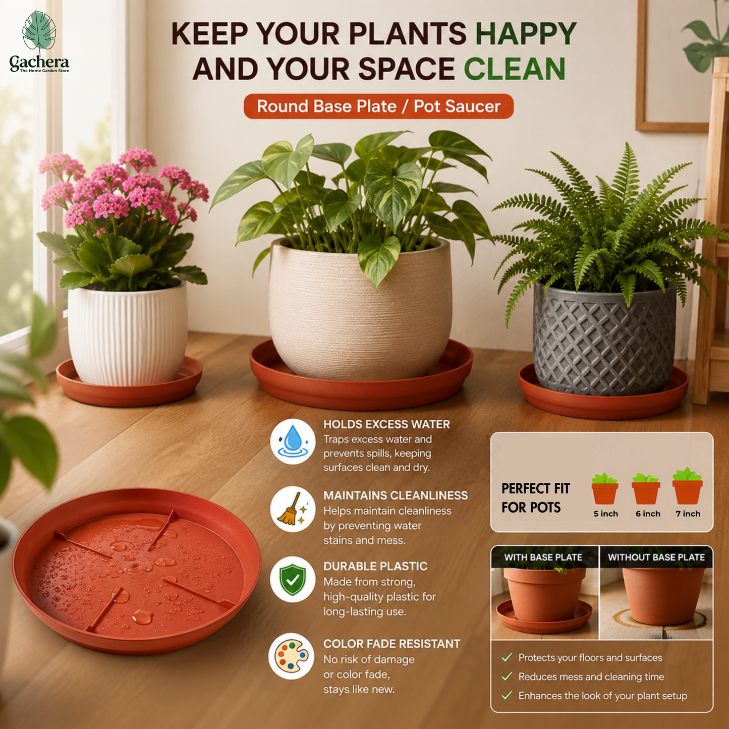 Gachera 6 Inch Plant Tray & Saucer | Strong Plastic Pot Base Plate | Water Drip Tray for Indoor & Outdoor Plants | Terracotta