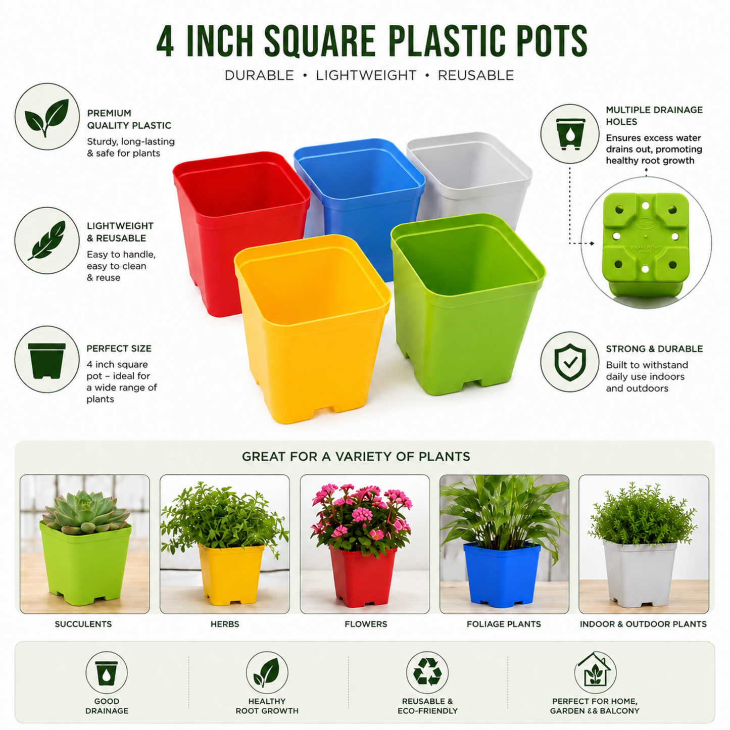 4 Inch (10cm x 10cm) Square Pots - Assorted Multi Colour Pots