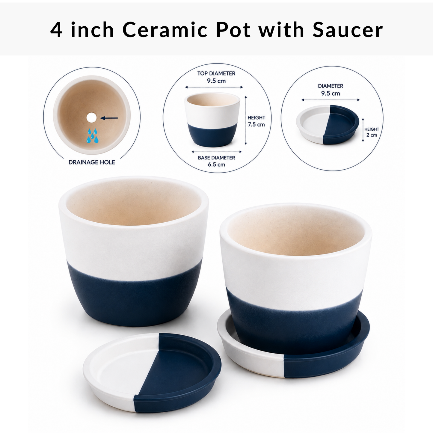 Mini Ceramic Planter Pot with Drainage Hole & Matching Saucer | White & Navy Blue Flower Pot for Succulents, Cactus & Indoor Plants