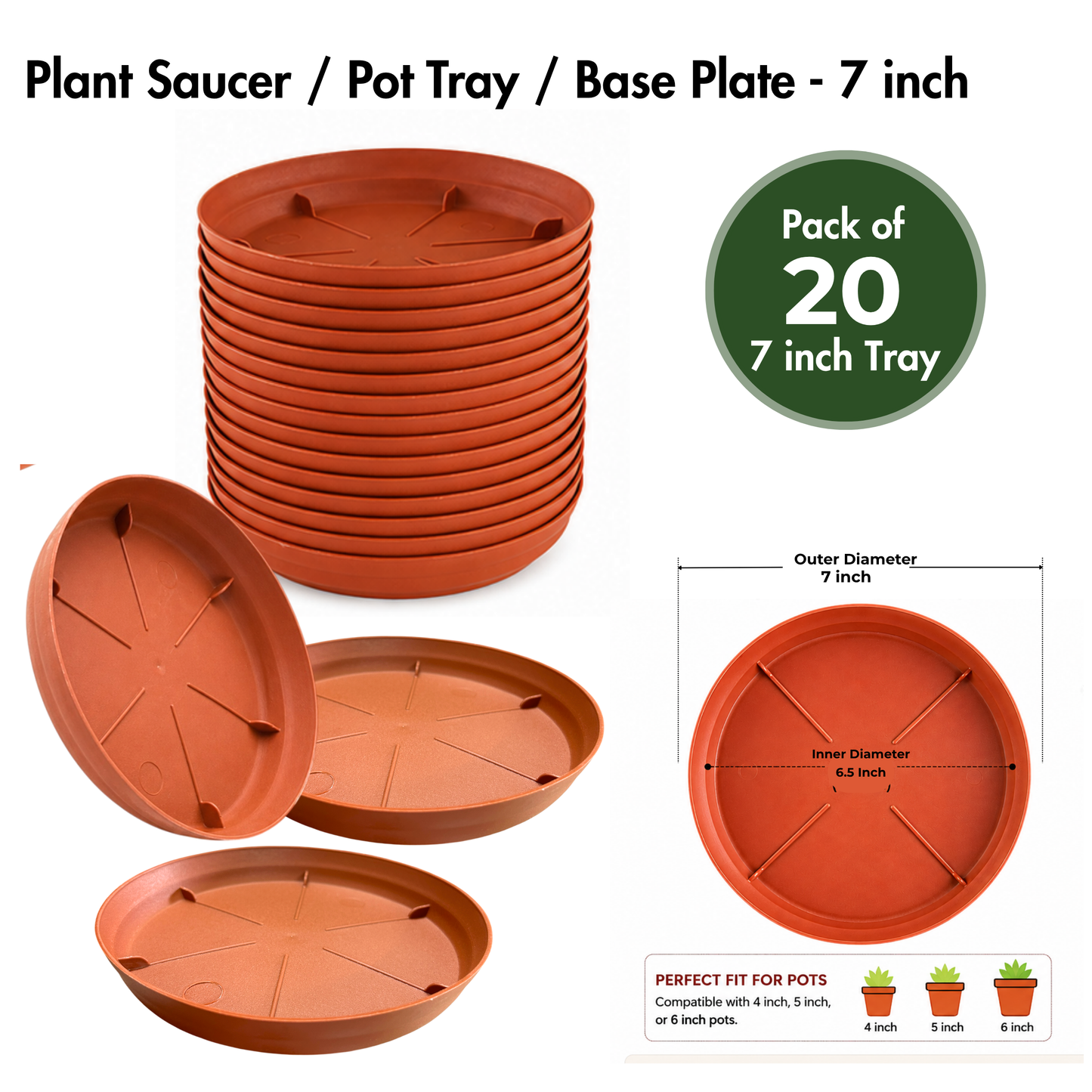 7 Inch Plant Tray & Saucer | Strong Plastic Pot Base Plate | Water Drip Tray for Indoor & Outdoor Plants | Terracotta