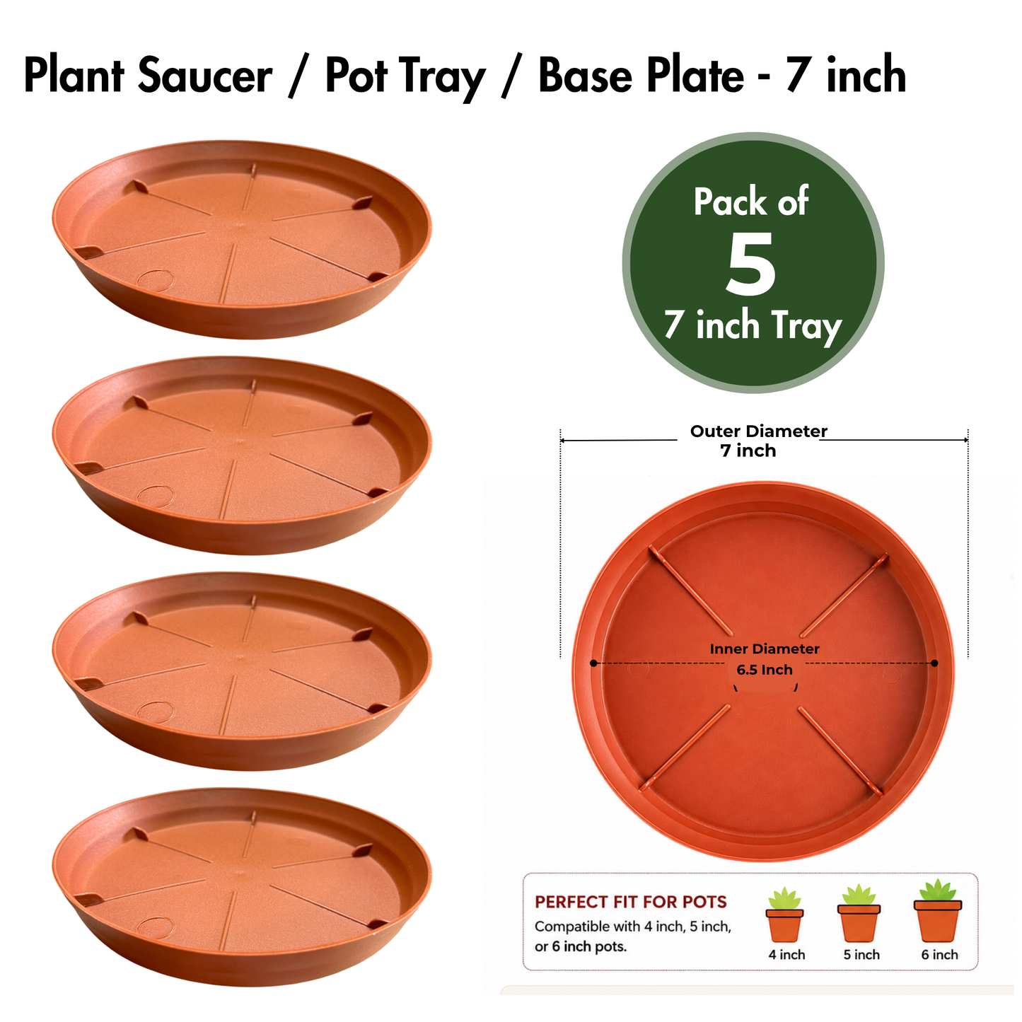 7 Inch Plant Tray & Saucer | Strong Plastic Pot Base Plate | Water Drip Tray for Indoor & Outdoor Plants | Terracotta