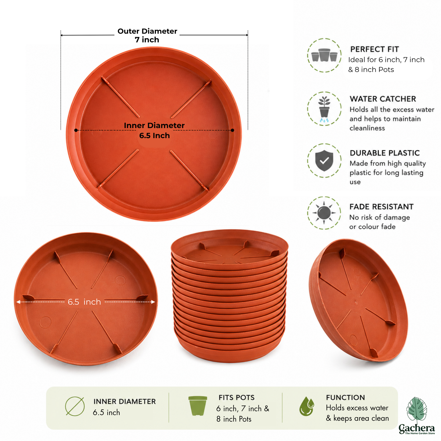 7 Inch Plant Tray & Saucer | Strong Plastic Pot Base Plate | Water Drip Tray for Indoor & Outdoor Plants | Terracotta