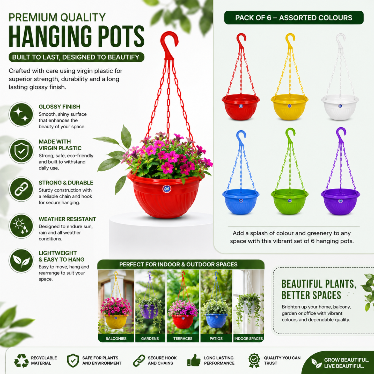 7 Inch (18 cm) Hanging Planter Pot with Durable Hanger | Glossy Finish Designer Hanging Basket for Balcony, Terrace & Indoor Plants