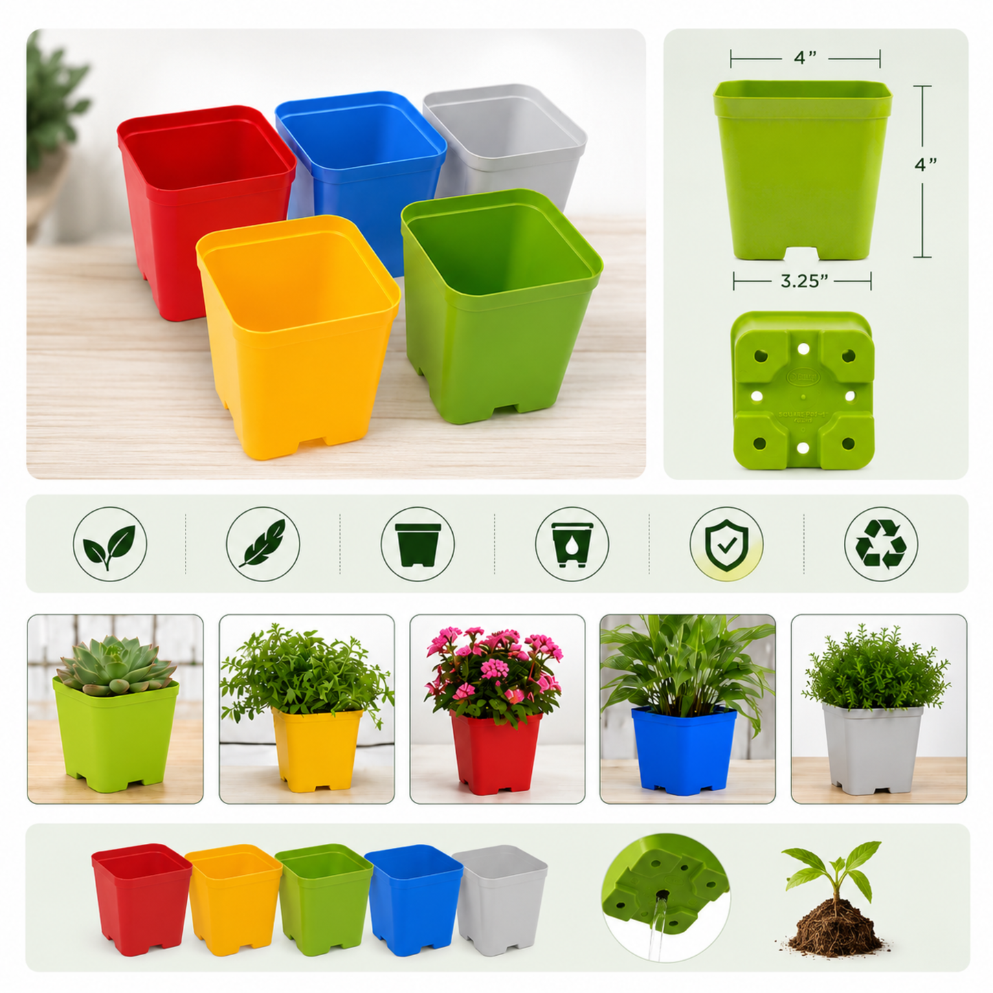 4 Inch (10cm x 10cm) Square Pots - Assorted Multi Colour Pots