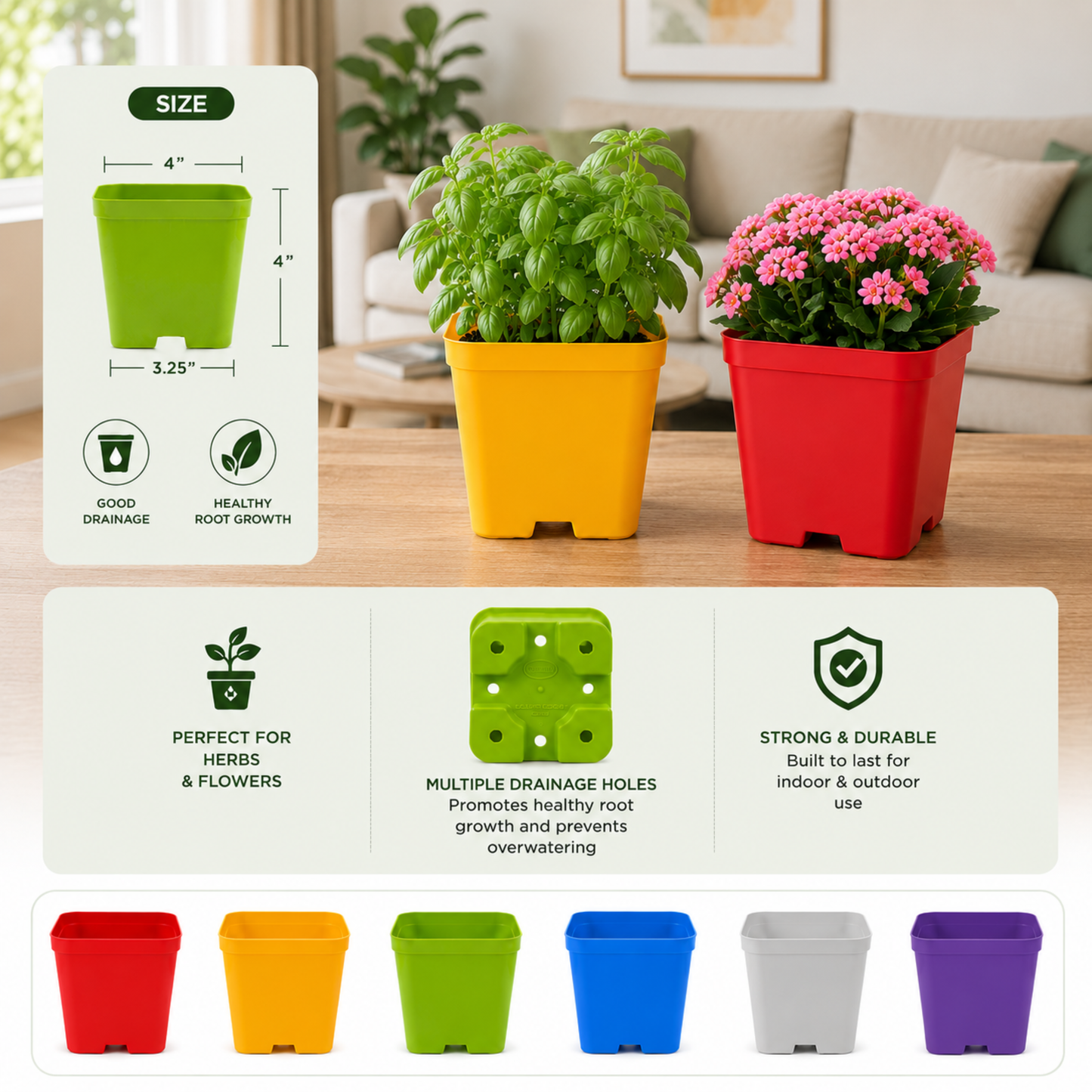4 Inch (10cm x 10cm) Square Pots - Assorted Multi Colour Pots