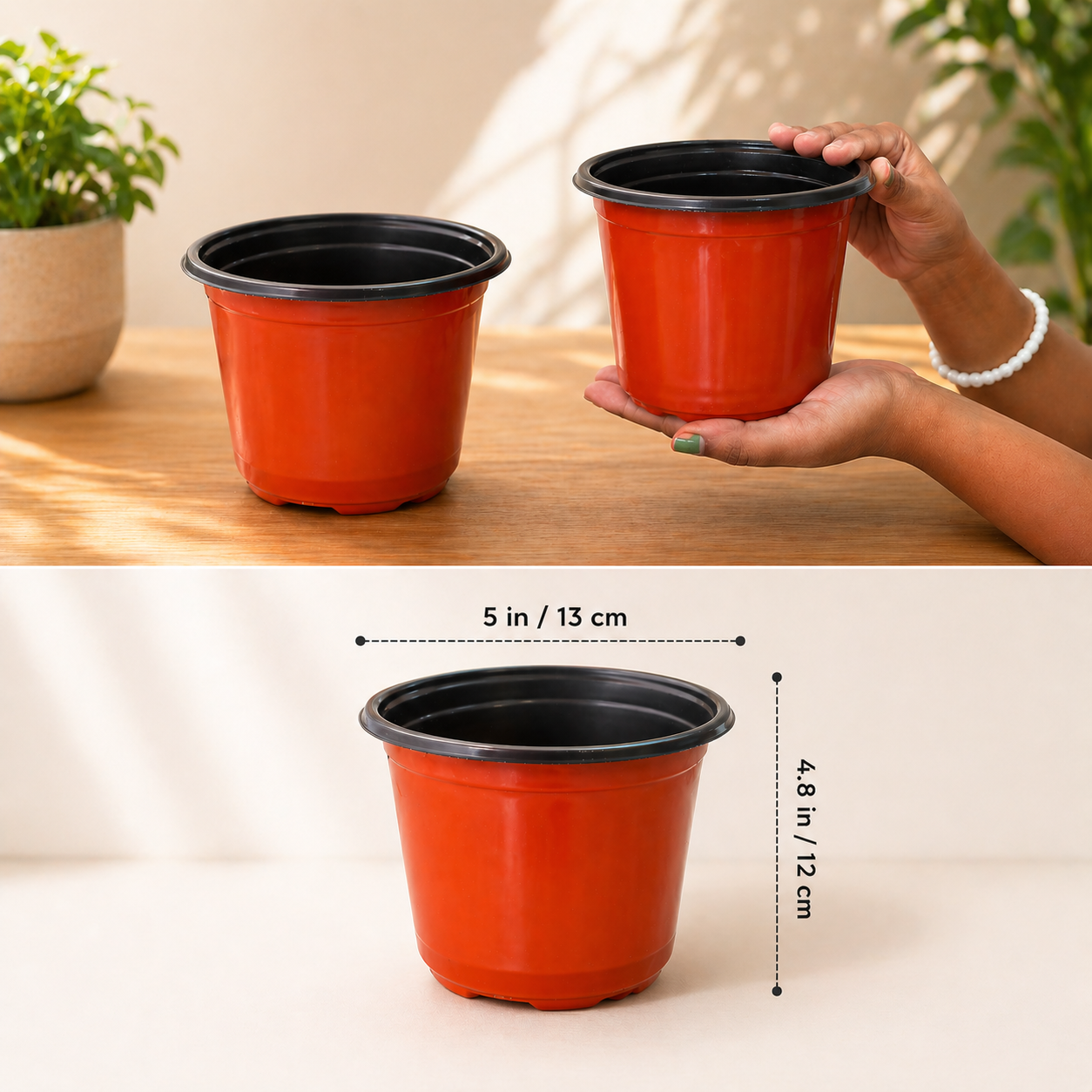 Gachera 5 Inch Low Height Thermoform Flower Pot (5" Dia x 4" H) | Lightweight Plastic Planter