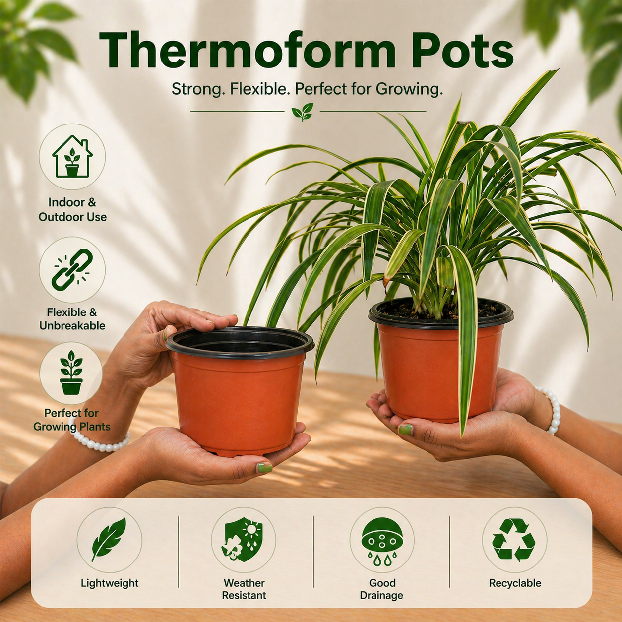 Gachera 5 Inch Low Height Thermoform Flower Pot (5" Dia x 4" H) | Lightweight Plastic Planter