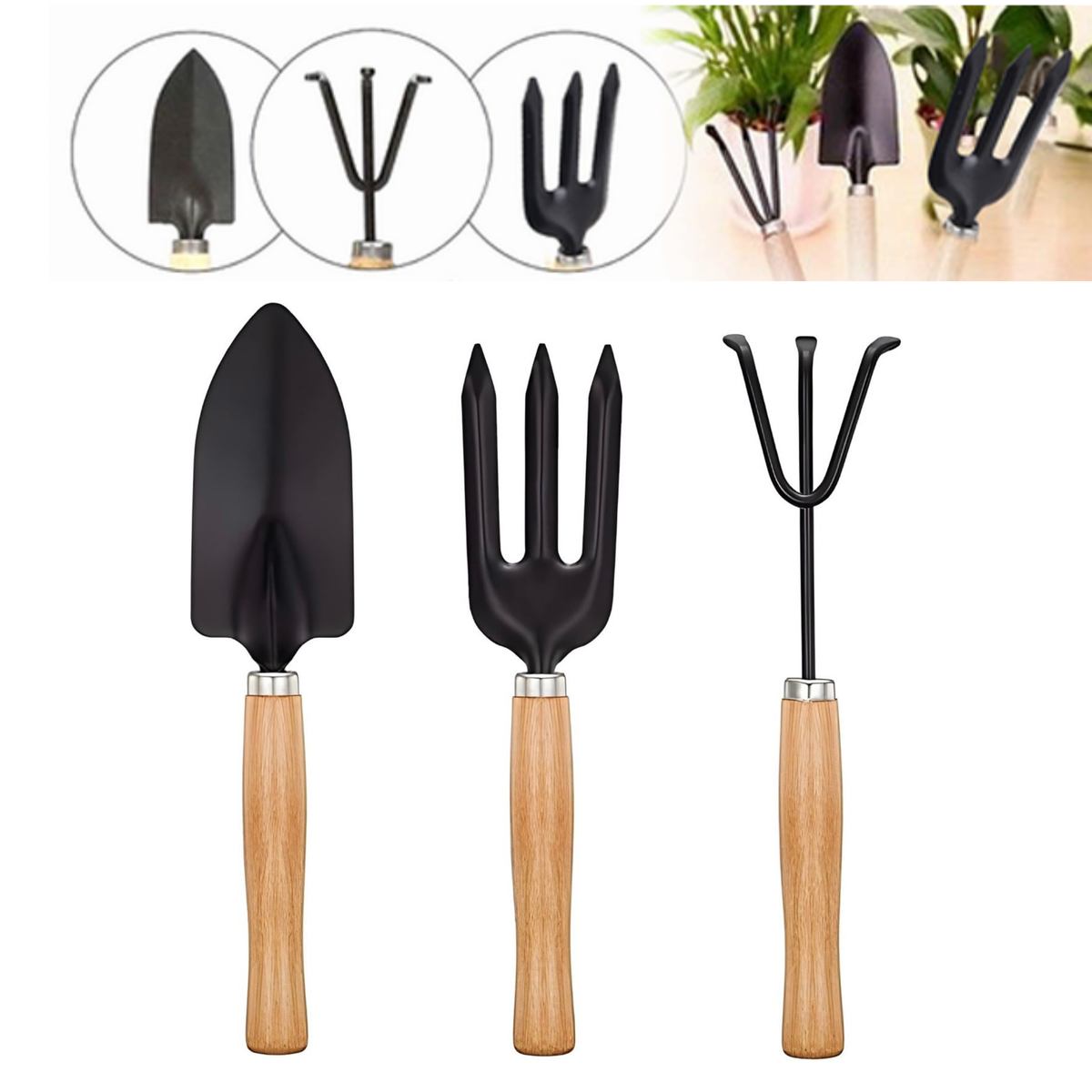 Garden Tools Kit Set of 3 – Cultivator, Fork & Trowel for Home Gardening, Balcony & Terrace Garden
