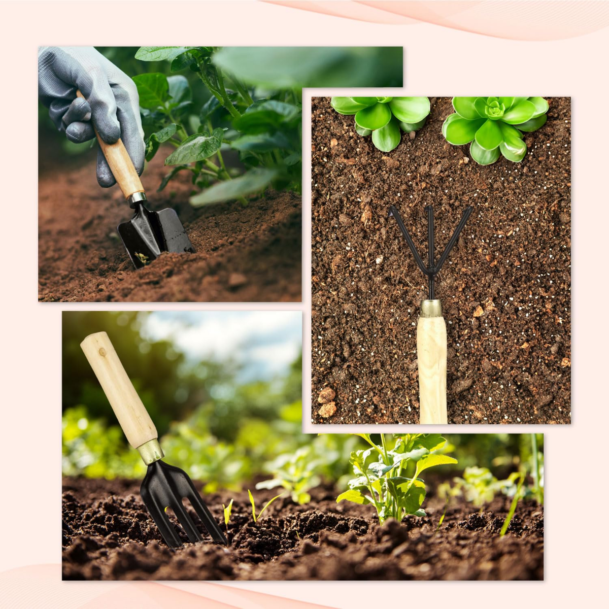 Garden Tools Kit Set of 3 – Cultivator, Fork & Trowel for Home Gardening, Balcony & Terrace Garden