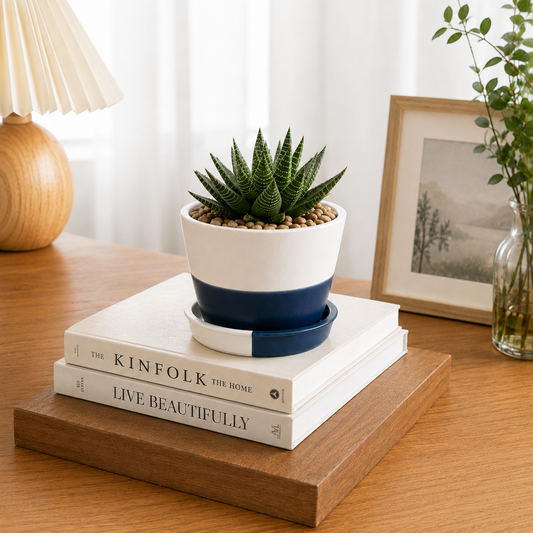Mini Ceramic Planter Pot with Drainage Hole & Matching Saucer | White & Navy Blue Flower Pot for Succulents, Cactus & Indoor Plants